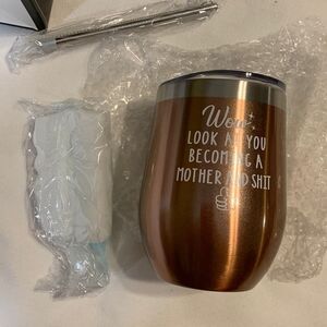 12 ounce bronze color stemless wine glass NWT (see pic for graphic)